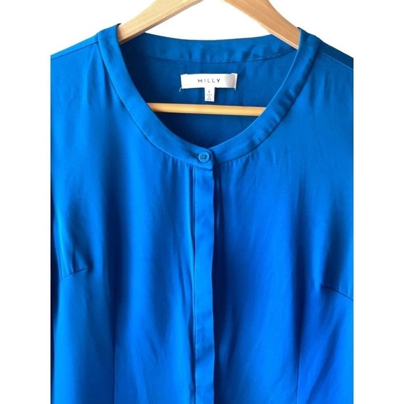 MILLY Size 6 Blue Trumpet Flare Sleeve Button Front Silk Blouse - Picture 3 of 7